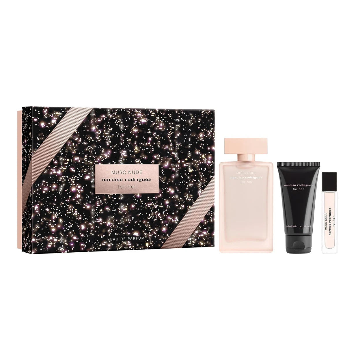 Set Narciso Rodriguez: For Her Musc Nude, Eau De Parfum, For Women, 100 ml + For Her Musc Nude, Hydrating, Body Lotion, 50 ml + For Her Musc Nude, Eau De Parfum, For Women, 10 ml