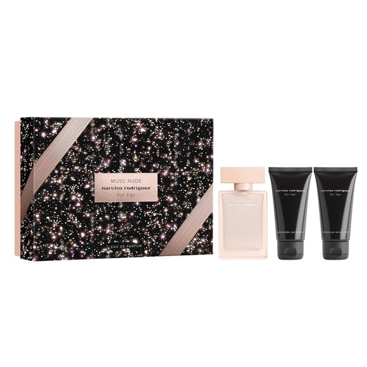 Set Narciso Rodriguez: For Her Musc Nude, Eau De Parfum, For Women, 50 ml + For Her Musc Nude, Hydrating, Body Lotion, 50 ml + For Her Musc Nude, Cleansing, Shower Gel, All Over The Body, For All Skin Types, 50 ml