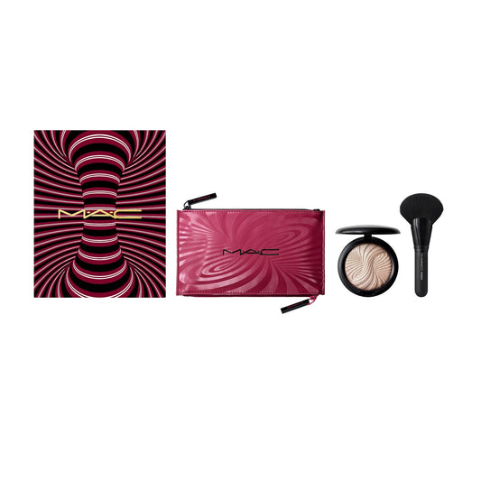 Trick Of The Light Extra Dimension Skinfinish Kit Set MAC: Textile Makeup Bag, Burgundy + MAC, Multi Face Brush, 143S + Extra Dimension Skinfinish, Highlighter Powder, Magnetic Attraction, 9 g